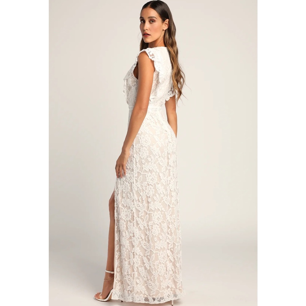 Lulus This Moment in Time White Floral Lace Ruffled V-Neck Maxi Dress NWT Medium - Picture 2 of 16